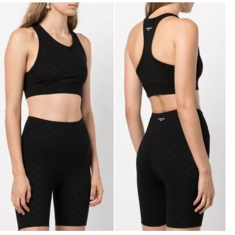 Anine Bing Workout Set Bra and biker Shorts in Black Monogram Print, Size Medium